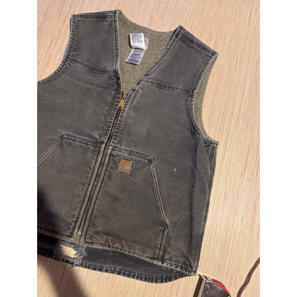 Carhartt V26 BLK Sandstone Duck Vest Mens Large Black Sherpa Lined Distressed 37